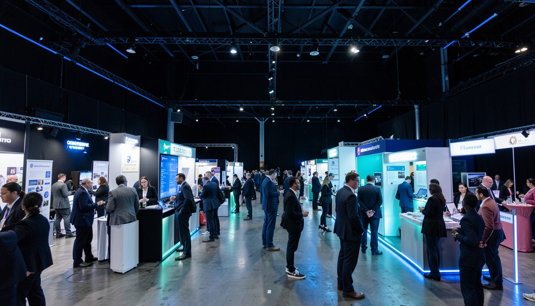 Wide view of a bustling conference exhibit hall with blue and teal accent lighting, dark backdrop, and clusters of professionals networking among vendor booths
