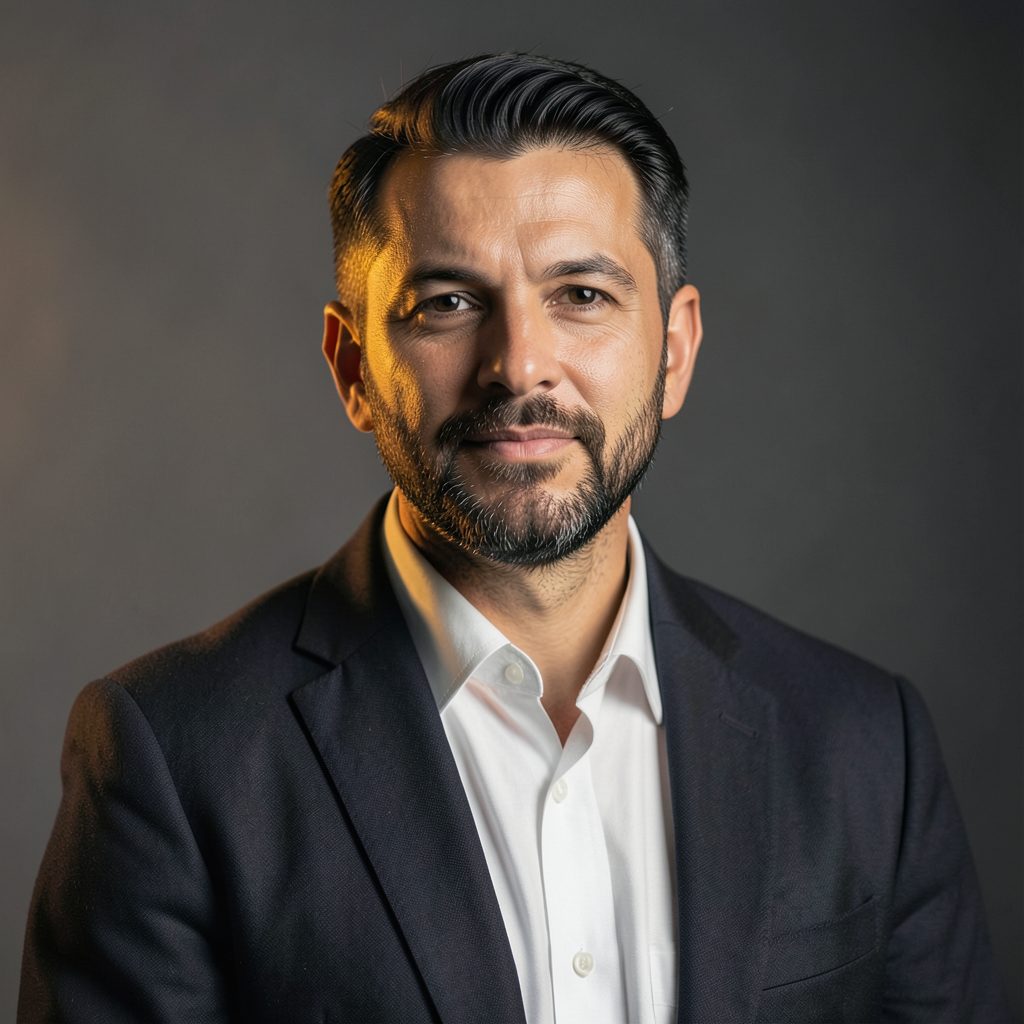 Portrait-style image of a man in a dark blazer against a soft charcoal background, warm lighting from one side, conveying resilience and inspiration.