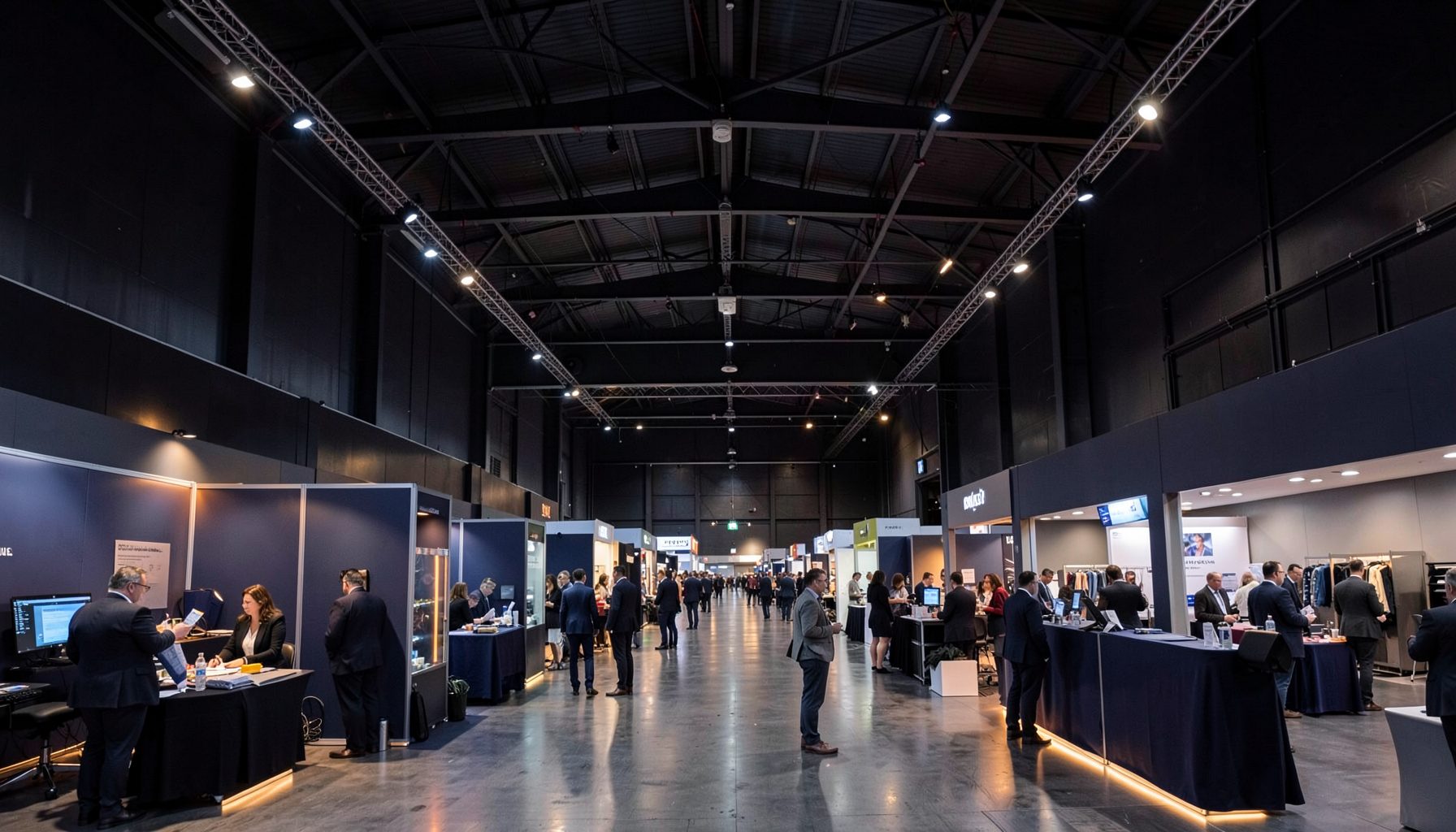 A wide atmospheric shot of a modern conference exhibition hall with dark navy and charcoal tones, warm amber accent lighting, and rows of sleek vendor booths under high ceilings, conveying a professional and energetic industry gathering.