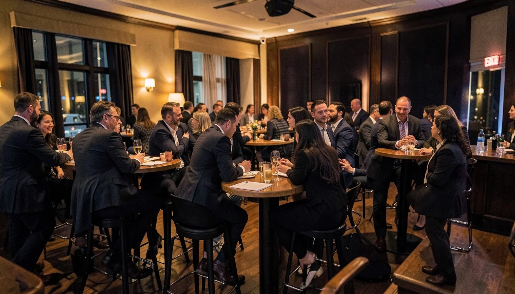 A warmly lit evening reception hall with clusters of professionals networking around high-top tables, soft amber and deep navy tones, a convivial atmosphere