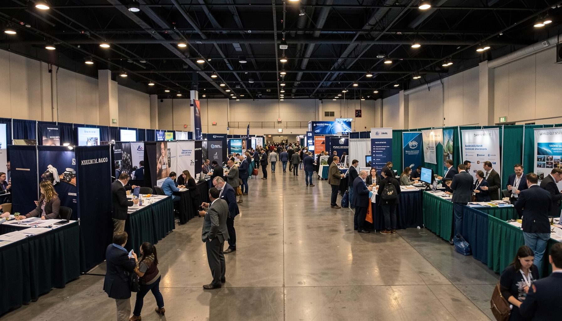 Wide view of a bustling conference exhibit hall with rows of vendor booths, banners in deep navy and teal, attendees networking in small groups under warm overhead lighting
