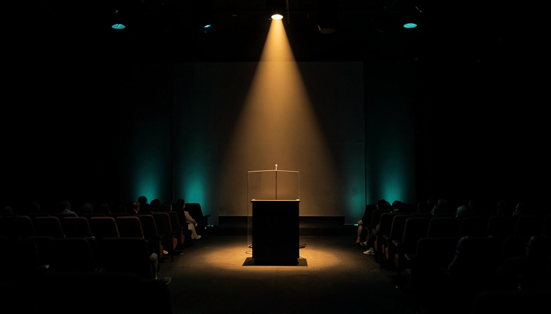 Dark atmospheric conference stage with warm amber and teal accent lighting, a lone spotlight on an empty podium, and rows of executive seating fading into shadow.